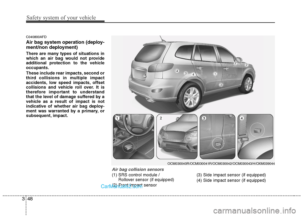 Hyundai Santa Fe 2011   - RHD (UK, Australia) Repair Manual Safety system of your vehicle
48
3
C040800AFD 
Air bag system operation (deploy- 
ment/non deployment) 
There are many types of situations in 
which an air bag would not provide
additional protection 