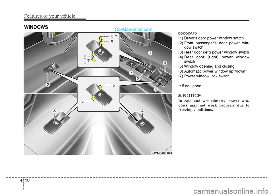 Hyundai Santa Fe 2011   - RHD (UK, Australia) Owners Manual Features of your vehicle
18
4
D080000AFD 
(1) Driver’s door power window switch
(2) Front passenger’s door power win-
dow switch
(3) Rear door (left) power window switch(4)  Rear door (right) powe
