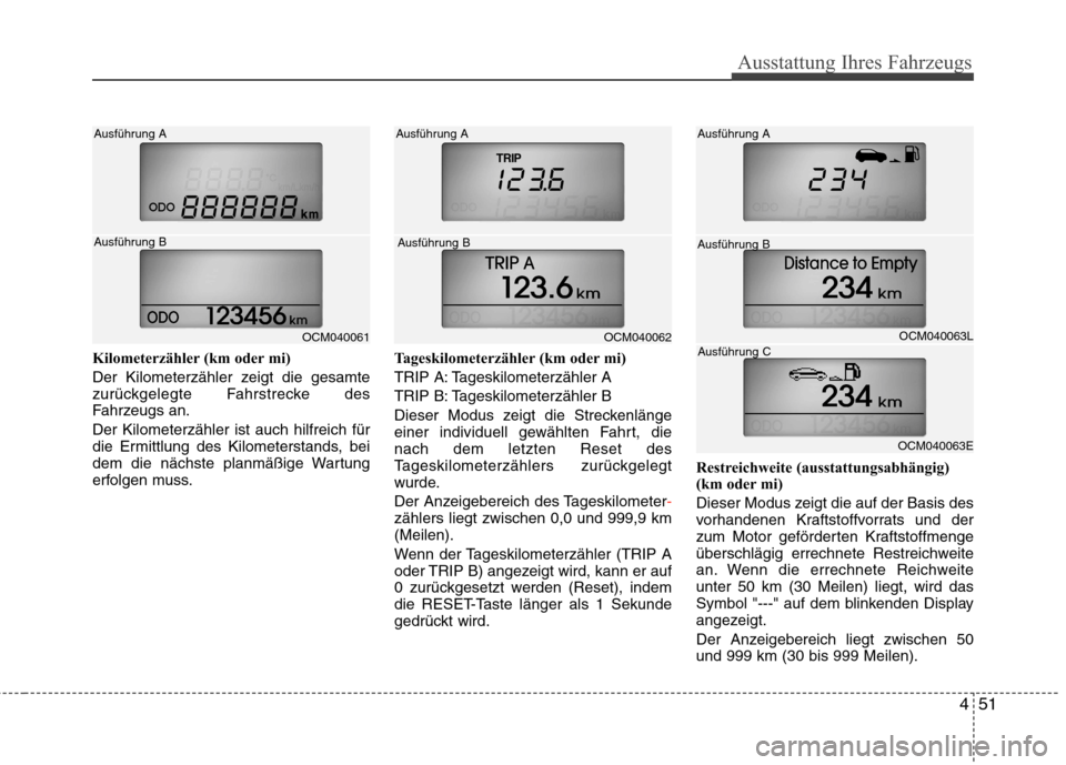 Hyundai Santa Fe 2011 Betriebsanleitung (in German) 451
Ausstattung Ihres Fahrzeugs
Kilometerzähler (km oder mi)
Der Kilometerzähler zeigt die gesamte
zurückgelegte Fahrstrecke des
Fahrzeugs an. Der Kilometerzähler ist auch hilfreich für
die Er Hyundai Santa Fe 2011 Betriebsanleitung (in German) 451
Ausstattung Ihres Fahrzeugs
Kilometerzähler (km oder mi)
Der Kilometerzähler zeigt die gesamte
zurückgelegte Fahrstrecke des
Fahrzeugs an. Der Kilometerzähler ist auch hilfreich für
die Er