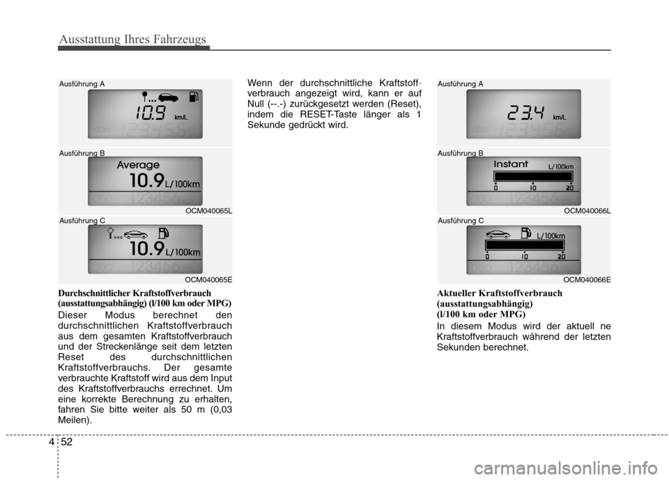 Hyundai Santa Fe 2011 Betriebsanleitung (in German) Ausstattung Ihres Fahrzeugs
52
4
Durchschnittlicher Kraftstoffverbrauch
(ausstattungsabhängig) (l/100 km oder MPG) Dieser Modus berechnet den
durchschnittlichen Kraftstoffverbrauch
aus dem gesamten Hyundai Santa Fe 2011 Betriebsanleitung (in German) Ausstattung Ihres Fahrzeugs
52
4
Durchschnittlicher Kraftstoffverbrauch
(ausstattungsabhängig) (l/100 km oder MPG) Dieser Modus berechnet den
durchschnittlichen Kraftstoffverbrauch
aus dem gesamten
