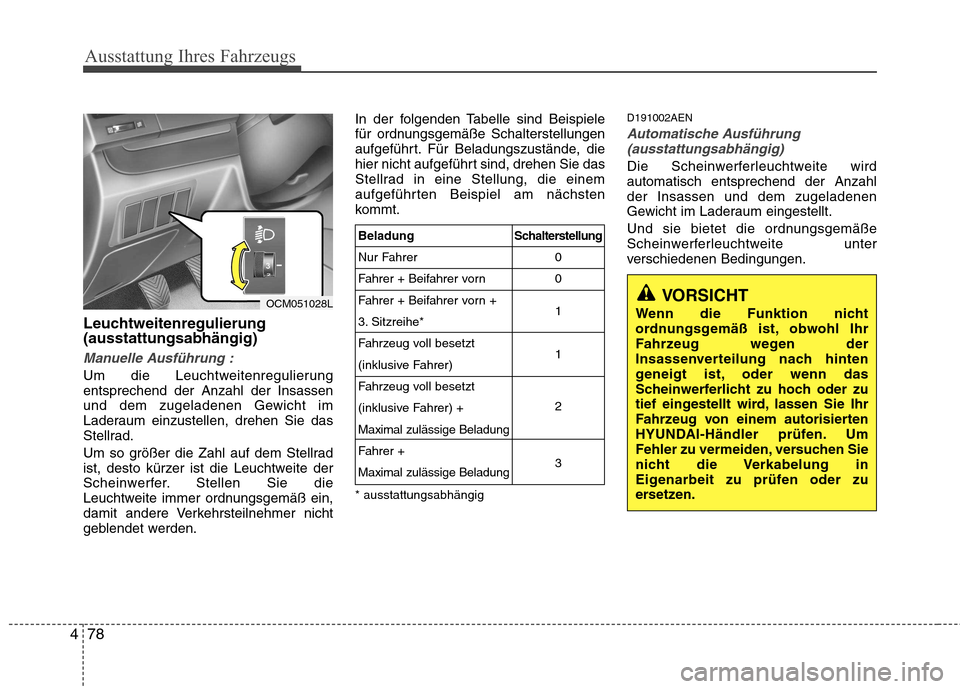 Hyundai Santa Fe 2011 Betriebsanleitung (in German) Ausstattung Ihres Fahrzeugs
78
4
Leuchtweitenregulierung (ausstattungsabhängig)
Manuelle Ausführung :
Um die Leuchtweitenregulierung entsprechend der Anzahl der Insassen
und dem zugeladenen Gewicht Hyundai Santa Fe 2011 Betriebsanleitung (in German) Ausstattung Ihres Fahrzeugs
78
4
Leuchtweitenregulierung (ausstattungsabhängig)
Manuelle Ausführung :
Um die Leuchtweitenregulierung entsprechend der Anzahl der Insassen
und dem zugeladenen Gewicht