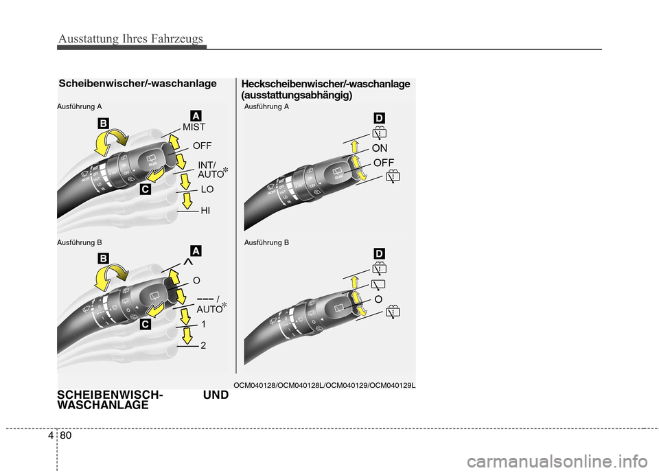 Hyundai Santa Fe 2011 Betriebsanleitung (in German) Ausstattung Ihres Fahrzeugs
80
4
SCHEIBENWISCH- UND
WASCHANLAGE
OCM040128/OCM040128L/OCM040129/OCM040129L
Scheibenwischer/-waschanlage
Ausführung B
Ausführung AAusführung B
Ausführung A
Heckschei Hyundai Santa Fe 2011 Betriebsanleitung (in German) Ausstattung Ihres Fahrzeugs
80
4
SCHEIBENWISCH- UND
WASCHANLAGE
OCM040128/OCM040128L/OCM040129/OCM040129L
Scheibenwischer/-waschanlage
Ausführung B
Ausführung AAusführung B
Ausführung A
Heckschei