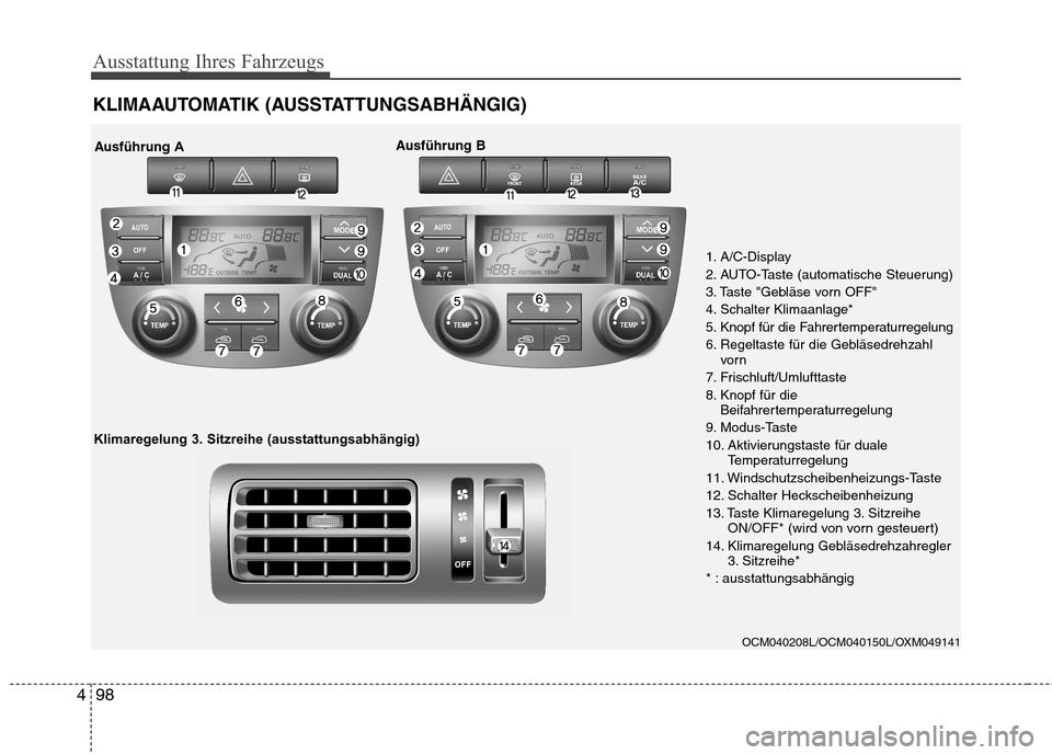 Hyundai Santa Fe 2011 Betriebsanleitung (in German) Ausstattung Ihres Fahrzeugs
98
4
KLIMAAUTOMATIK (AUSSTATTUNGSABHÄNGIG)
OCM040208L/OCM040150L/OXM049141
1. A/C-Display
2. AUTO-Taste (automatische Steuerung)
3. Taste "Gebläse vorn OFF"
4. Schalter Hyundai Santa Fe 2011 Betriebsanleitung (in German) Ausstattung Ihres Fahrzeugs
98
4
KLIMAAUTOMATIK (AUSSTATTUNGSABHÄNGIG)
OCM040208L/OCM040150L/OXM049141
1. A/C-Display
2. AUTO-Taste (automatische Steuerung)
3. Taste "Gebläse vorn OFF"
4. Schalter