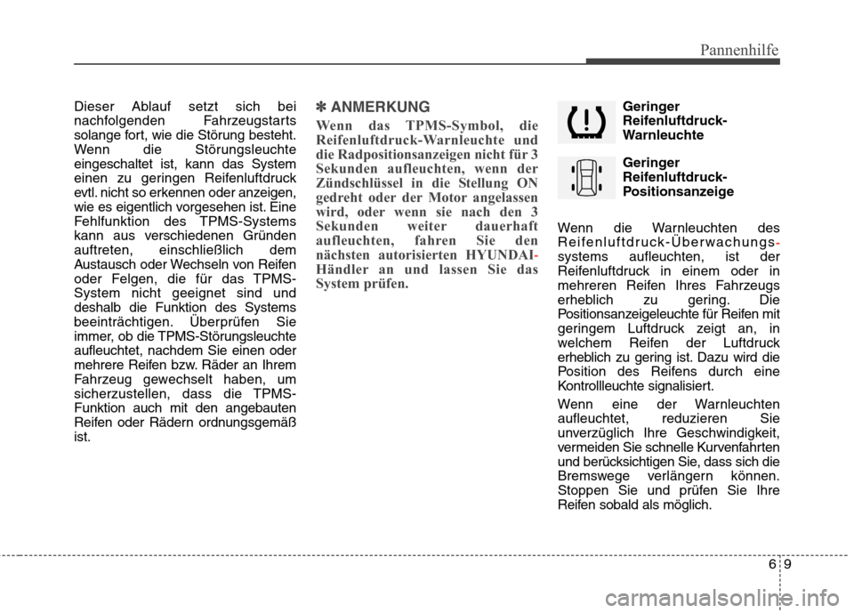 Hyundai Santa Fe 2011 Betriebsanleitung (in German) 69
Pannenhilfe
Dieser Ablauf setzt sich bei
nachfolgenden Fahrzeugstarts
solange fort, wie die Störung besteht.
Wenn die Störungsleuchteeingeschaltet ist, kann das System
einen zu geringen Reifenlu Hyundai Santa Fe 2011 Betriebsanleitung (in German) 69
Pannenhilfe
Dieser Ablauf setzt sich bei
nachfolgenden Fahrzeugstarts
solange fort, wie die Störung besteht.
Wenn die Störungsleuchteeingeschaltet ist, kann das System
einen zu geringen Reifenlu