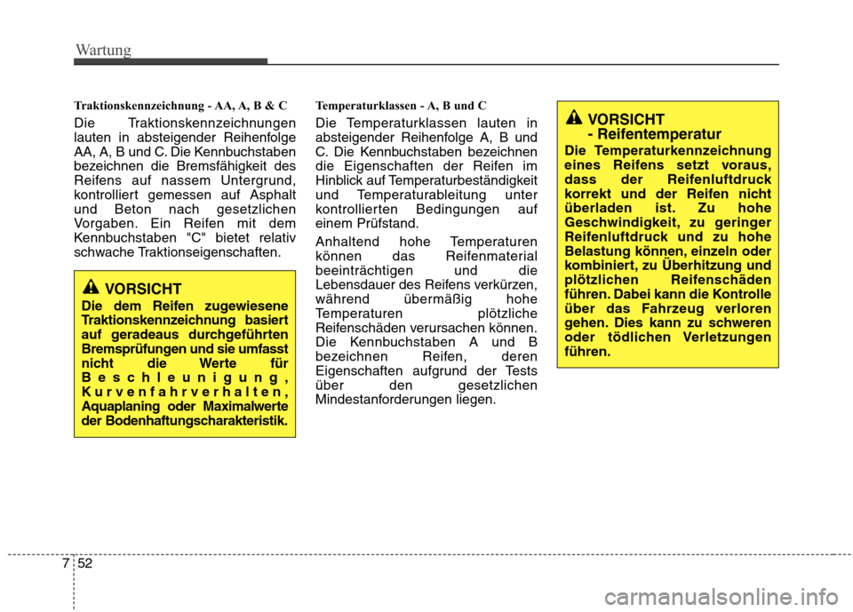 Hyundai Santa Fe 2011 Betriebsanleitung (in German) Wartung
52
7
Traktionskennzeichnung - AA, A, B & C
Die Traktionskennzeichnungen
lauten in absteigender Reihenfolge
AA, A, B und C. Die Kennbuchstaben
bezeichnen die Bremsfähigkeit des
Reifens auf Hyundai Santa Fe 2011 Betriebsanleitung (in German) Wartung
52
7
Traktionskennzeichnung - AA, A, B & C
Die Traktionskennzeichnungen
lauten in absteigender Reihenfolge
AA, A, B und C. Die Kennbuchstaben
bezeichnen die Bremsfähigkeit des
Reifens auf