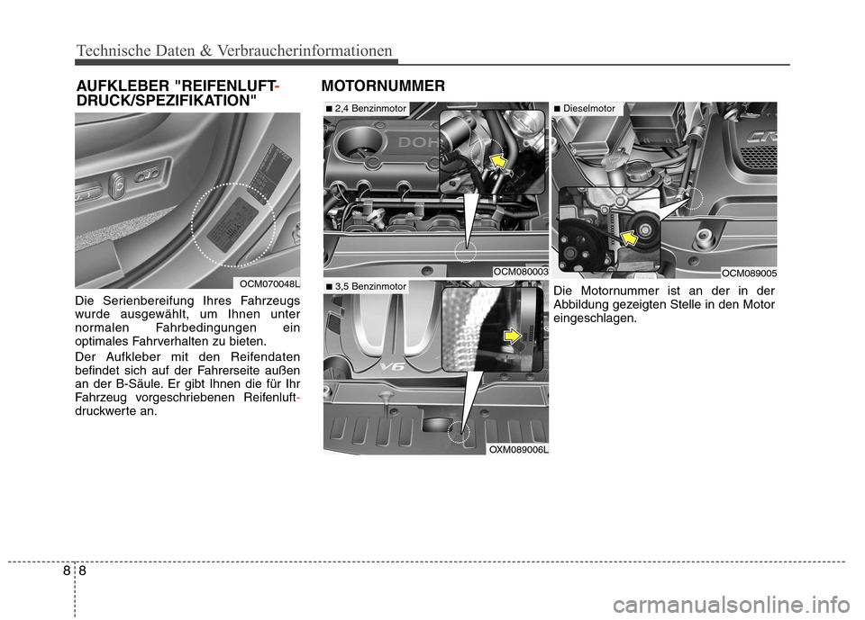 Hyundai Santa Fe 2011 Betriebsanleitung (in German) Technische Daten & Verbraucherinformationen
8
8
Die Serienbereifung Ihres Fahrzeugs
wurde ausgewählt, um Ihnen unter
normalen Fahrbedingungen ein
optimales Fahrverhalten zu bieten.
Der Aufkleber mi Hyundai Santa Fe 2011 Betriebsanleitung (in German) Technische Daten & Verbraucherinformationen
8
8
Die Serienbereifung Ihres Fahrzeugs
wurde ausgewählt, um Ihnen unter
normalen Fahrbedingungen ein
optimales Fahrverhalten zu bieten.
Der Aufkleber mi