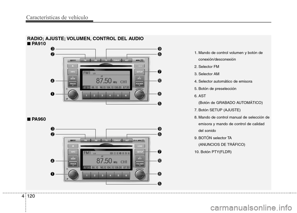 Hyundai Santa Fe 2011  Manual del propietario (in Spanish) Características de vehículo
120
4
RADIO; AJUSTE; VOLUMEN, CONTROL DEL AUDIO
■
■   
PA910
■
■   
PA960
1. Mando de control volumen y botón de
conexión/desconexión
2. Selector FM 
3. Select