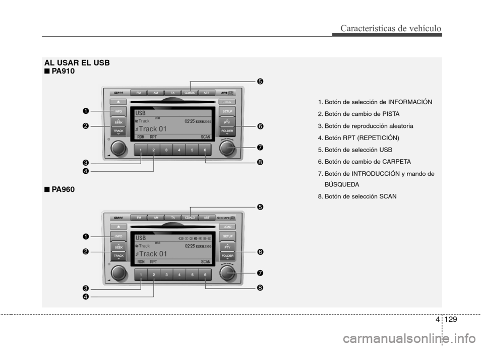 Hyundai Santa Fe 2011 Manual del propietario (in Spanish) 4129
Características de vehículo
AL USAR EL USB■
■
PA910
■■
PA960
1. Botón de selección de INFORMACIÓN
2. Botón de cambio de PISTA
3. Botón de reproducción aleatoria
4. Botón R Hyundai Santa Fe 2011 Manual del propietario (in Spanish) 4129
Características de vehículo
AL USAR EL USB■
■
PA910
■■
PA960
1. Botón de selección de INFORMACIÓN
2. Botón de cambio de PISTA
3. Botón de reproducción aleatoria
4. Botón R