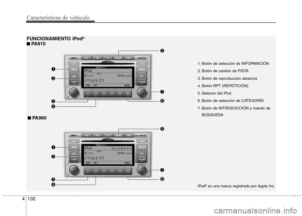 Hyundai Santa Fe 2011 Manual del propietario (in Spanish) Características de vehículo
132
4
FUNCIONAMIENTO iPod ®
■
■
PA910
iPod®
es una marca registrada por Apple Inc.
■■
PA960
1. Botón de selección de INFORMACIÓN
2. Botón de cambio d Hyundai Santa Fe 2011 Manual del propietario (in Spanish) Características de vehículo
132
4
FUNCIONAMIENTO iPod ®
■
■
PA910
iPod®
es una marca registrada por Apple Inc.
■■
PA960
1. Botón de selección de INFORMACIÓN
2. Botón de cambio d