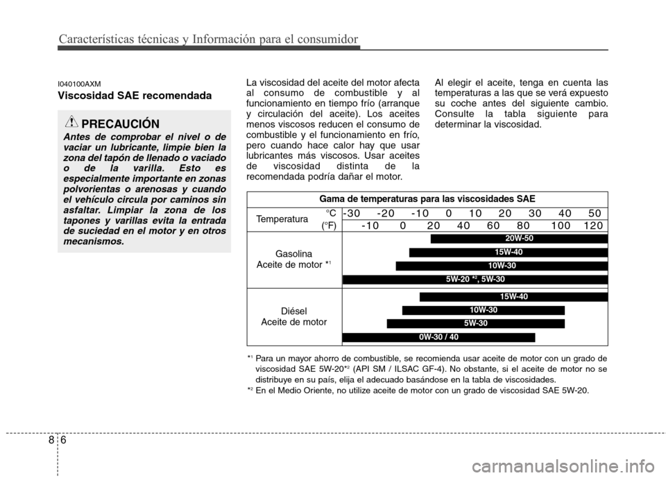 Hyundai Santa Fe 2011 Manual del propietario (in Spanish) Características técnicas y Información para el consumidor
6
8
I040100AXM Viscosidad SAE recomendada La viscosidad del aceite del motor afecta
al consumo de combustible y al
funcionamiento en tiemp Hyundai Santa Fe 2011 Manual del propietario (in Spanish) Características técnicas y Información para el consumidor
6
8
I040100AXM Viscosidad SAE recomendada La viscosidad del aceite del motor afecta
al consumo de combustible y al
funcionamiento en tiemp