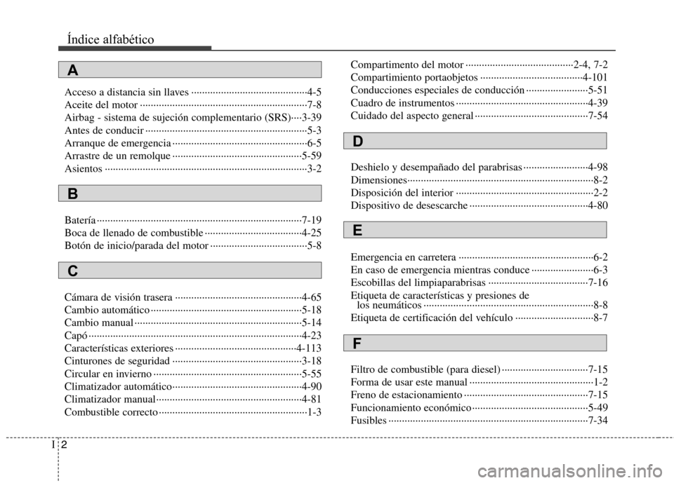 Hyundai Santa Fe 2011  Manual del propietario (in Spanish) Índice alfabético
2
I
Acceso a distancia sin llaves ···········································4-5 
Aceite del motor ···················