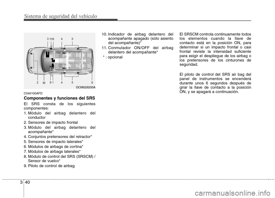 Hyundai Santa Fe 2011 Manual del propietario (in Spanish) Sistema de seguridad del vehículo
40
3
C040100AFD
Componentes y funciones del SRS
El SRS consta de los siguientes componentes:
1. Módulo del airbag delantero del
conductor
2. Sensores de impacto fr Hyundai Santa Fe 2011 Manual del propietario (in Spanish) Sistema de seguridad del vehículo
40
3
C040100AFD
Componentes y funciones del SRS
El SRS consta de los siguientes componentes:
1. Módulo del airbag delantero del
conductor
2. Sensores de impacto fr