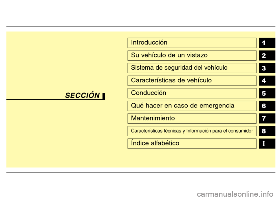 Hyundai Santa Fe 2011  Manual del propietario (in Spanish) 1 2 3 4 5 6 78IIntroducción
Su vehículo de un vistazo
Sistema de seguridad del vehículo
Características de vehículo
Conducción
Qué hacer en caso de emergencia
Mantenimiento
Características té