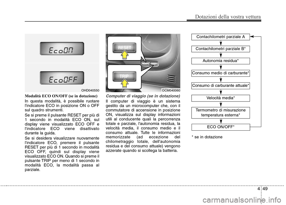 Hyundai Santa Fe 2011 Manuale del proprietario (in Italian) 449
Dotazioni della vostra vettura
Modalità ECO ON/OFF (se in dotazione)
In questa modalità, è possibile ruotare lindicatore ECO in posizione ON o OFF
sul quadro strumenti. Se si preme il pulsant Hyundai Santa Fe 2011 Manuale del proprietario (in Italian) 449
Dotazioni della vostra vettura
Modalità ECO ON/OFF (se in dotazione)
In questa modalità, è possibile ruotare lindicatore ECO in posizione ON o OFF
sul quadro strumenti. Se si preme il pulsant