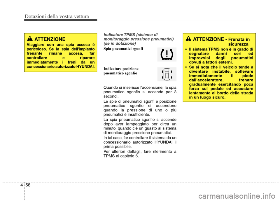 Hyundai Santa Fe 2011 Manuale del proprietario (in Italian) Dotazioni della vostra vettura
58
4
Indicatore TPMS (sistema di
monitoraggio pressione pneumatici)(se in dotazione)
Spia pneumatici sgonfi
Indicatore posizione
pneumatico sgonfio
Quando si inserisc Hyundai Santa Fe 2011 Manuale del proprietario (in Italian) Dotazioni della vostra vettura
58
4
Indicatore TPMS (sistema di
monitoraggio pressione pneumatici)(se in dotazione)
Spia pneumatici sgonfi
Indicatore posizione
pneumatico sgonfio
Quando si inserisc