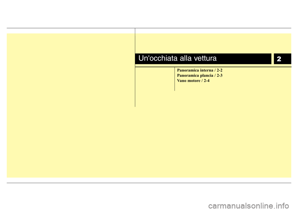 Hyundai Santa Fe 2011  Manuale del proprietario (in Italian) 2
Panoramica interna / 2-2 
Panoramica plancia / 2-3
Vano motore / 2-4
Unocchiata alla vettura 