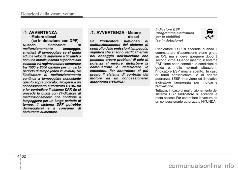 Hyundai Santa Fe 2011 Manuale del proprietario (in Italian) Dotazioni della vostra vettura
62
4
Indicatore ESP
(programma elettronico per la stabilità) (se in dotazione)
Lindicatore ESP si accende quando il
commutatore daccensione viene girato
su ON, ma Hyundai Santa Fe 2011 Manuale del proprietario (in Italian) Dotazioni della vostra vettura
62
4
Indicatore ESP
(programma elettronico per la stabilità) (se in dotazione)
Lindicatore ESP si accende quando il
commutatore daccensione viene girato
su ON, ma