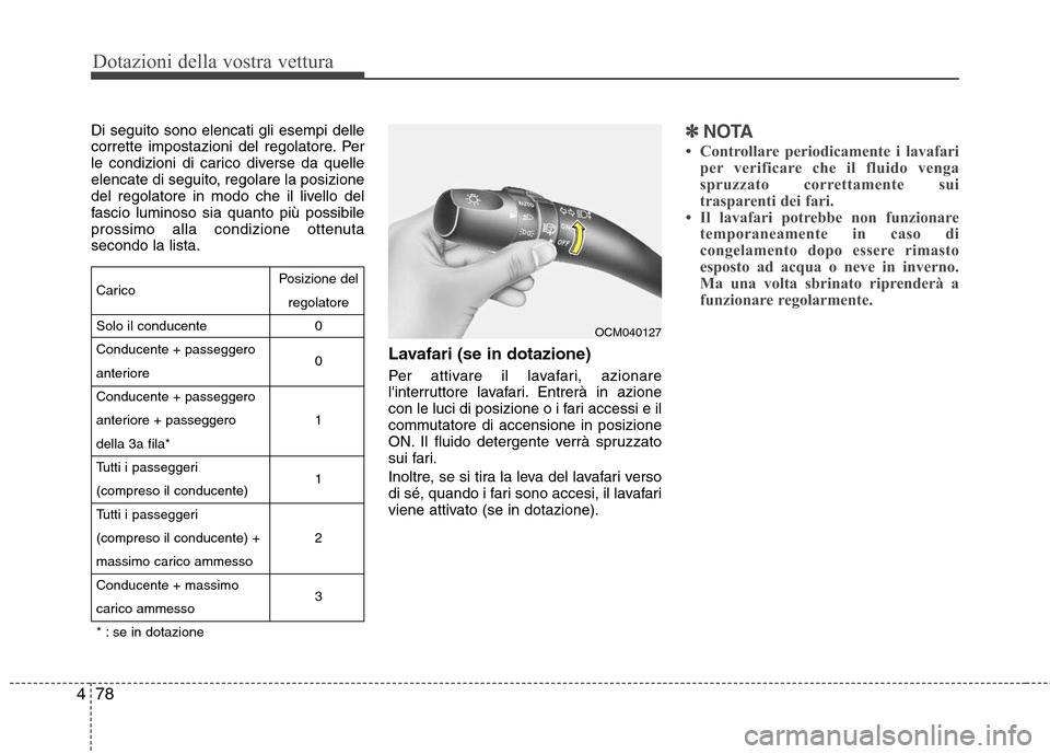 Hyundai Santa Fe 2011 Manuale del proprietario (in Italian) Dotazioni della vostra vettura
78
4
Di seguito sono elencati gli esempi delle
corrette impostazioni del regolatore. Per
le condizioni di carico diverse da quelle
elencate di seguito, regolare la posi Hyundai Santa Fe 2011 Manuale del proprietario (in Italian) Dotazioni della vostra vettura
78
4
Di seguito sono elencati gli esempi delle
corrette impostazioni del regolatore. Per
le condizioni di carico diverse da quelle
elencate di seguito, regolare la posi