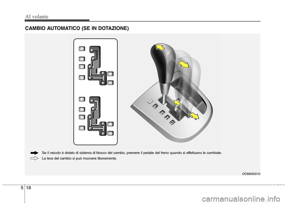 Hyundai Santa Fe 2011 Manuale del proprietario (in Italian) Al volante
18
5
CAMBIO AUTOMATICO (SE IN DOTAZIONE)
OCM050010
La leva del cambio si può muovere liberamente.
Se il veicolo è dotato di sistema di blocco del cambio, premere il pedale del freno quand Hyundai Santa Fe 2011 Manuale del proprietario (in Italian) Al volante
18
5
CAMBIO AUTOMATICO (SE IN DOTAZIONE)
OCM050010
La leva del cambio si può muovere liberamente.
Se il veicolo è dotato di sistema di blocco del cambio, premere il pedale del freno quand