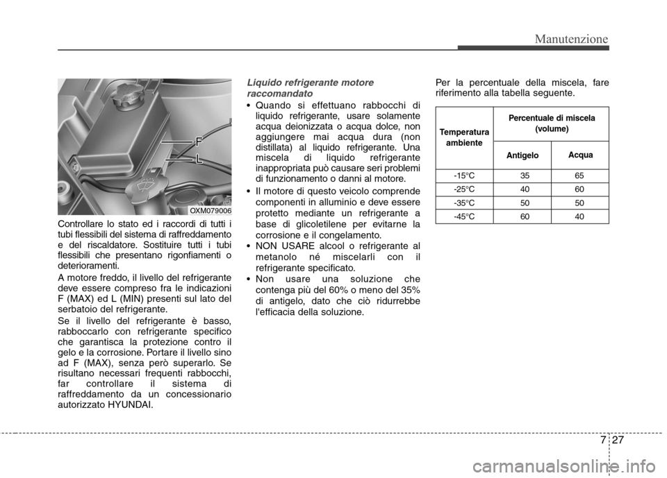 Hyundai Santa Fe 2011 Manuale del proprietario (in Italian) 727
Manutenzione
Controllare lo stato ed i raccordi di tutti i
tubi flessibili del sistema di raffreddamento
e del riscaldatore. Sostituire tutti i tubi
flessibili che presentano rigonfiamenti o
dete Hyundai Santa Fe 2011 Manuale del proprietario (in Italian) 727
Manutenzione
Controllare lo stato ed i raccordi di tutti i
tubi flessibili del sistema di raffreddamento
e del riscaldatore. Sostituire tutti i tubi
flessibili che presentano rigonfiamenti o
dete
