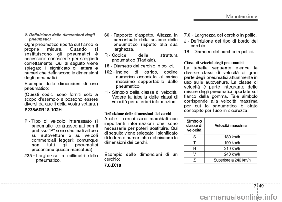 Hyundai Santa Fe 2011 Manuale del proprietario (in Italian) 749
Manutenzione
2. Definizione delle dimensioni deglipneumatici
Ogni pneumatico riporta sul fianco le
proprie misure. Quando sisostituiscono gli pneumatici è
necessario conoscerle per sceglierli
co Hyundai Santa Fe 2011 Manuale del proprietario (in Italian) 749
Manutenzione
2. Definizione delle dimensioni deglipneumatici
Ogni pneumatico riporta sul fianco le
proprie misure. Quando sisostituiscono gli pneumatici è
necessario conoscerle per sceglierli
co