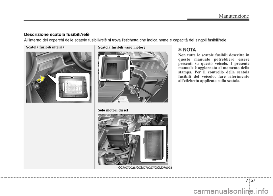 Hyundai Santa Fe 2011 Manuale del proprietario (in Italian) 757
Manutenzione
✽✽NOTA
Non tutte le scatole fusibili descritte in
questo manuale potrebbero essere
presenti su questo veicolo. I presente
manuale è aggiornato al momento della
stampa. Per il co Hyundai Santa Fe 2011 Manuale del proprietario (in Italian) 757
Manutenzione
✽✽NOTA
Non tutte le scatole fusibili descritte in
questo manuale potrebbero essere
presenti su questo veicolo. I presente
manuale è aggiornato al momento della
stampa. Per il co