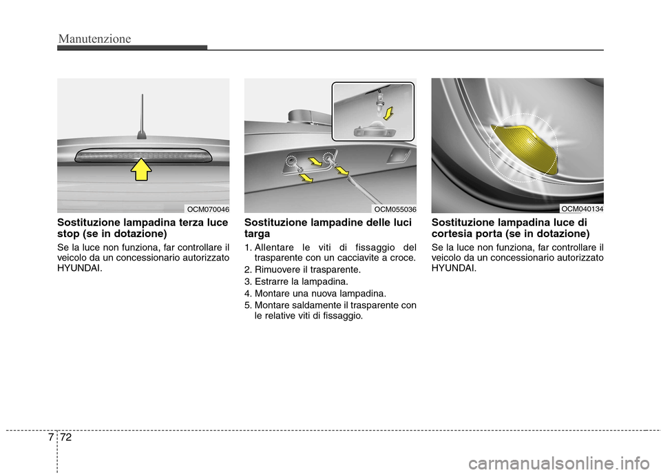 Hyundai Santa Fe 2011 Manuale del proprietario (in Italian) Manutenzione
72
7
Sostituzione lampadina terza luce stop (se in dotazione)
Se la luce non funziona, far controllare il
veicolo da un concessionario autorizzato
HYUNDAI. Sostituzione lampadine delle Hyundai Santa Fe 2011 Manuale del proprietario (in Italian) Manutenzione
72
7
Sostituzione lampadina terza luce stop (se in dotazione)
Se la luce non funziona, far controllare il
veicolo da un concessionario autorizzato
HYUNDAI. Sostituzione lampadine delle
