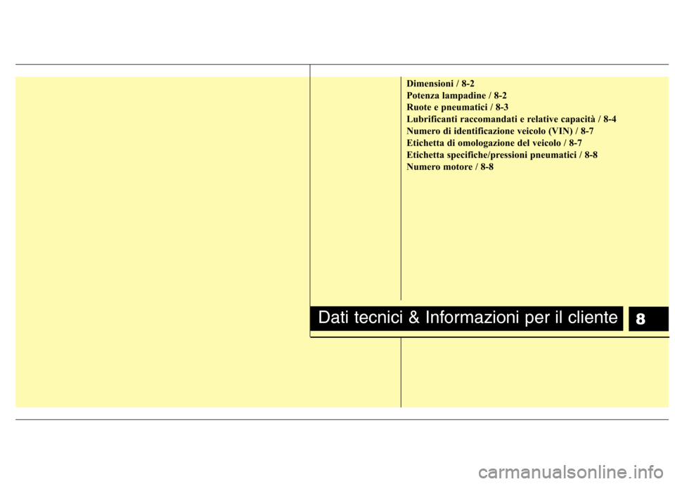 Hyundai Santa Fe 2011 Manuale del proprietario (in Italian) 8
Dimensioni / 8-2
Potenza lampadine / 8-2
Ruote e pneumatici / 8-3
Lubrificanti raccomandati e relative capacità / 8-4
Numero di identificazione veicolo (VIN) / 8-7
Etichetta di omologazione del ve Hyundai Santa Fe 2011 Manuale del proprietario (in Italian) 8
Dimensioni / 8-2
Potenza lampadine / 8-2
Ruote e pneumatici / 8-3
Lubrificanti raccomandati e relative capacità / 8-4
Numero di identificazione veicolo (VIN) / 8-7
Etichetta di omologazione del ve