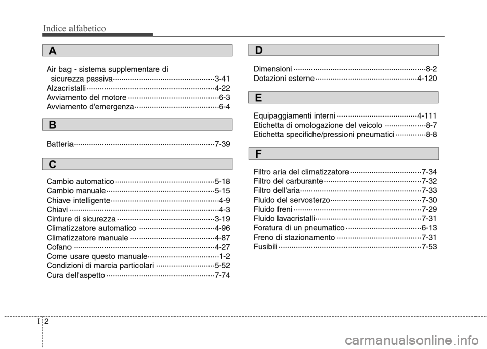 Hyundai Santa Fe 2011 Manuale del proprietario (in Italian) Indice alfabetico
2
I
Air bag - sistema supplementare di
sicurezza passiva···············································3-41
Alzacristalli ······ Hyundai Santa Fe 2011 Manuale del proprietario (in Italian) Indice alfabetico
2
I
Air bag - sistema supplementare di
sicurezza passiva···············································3-41
Alzacristalli ······
