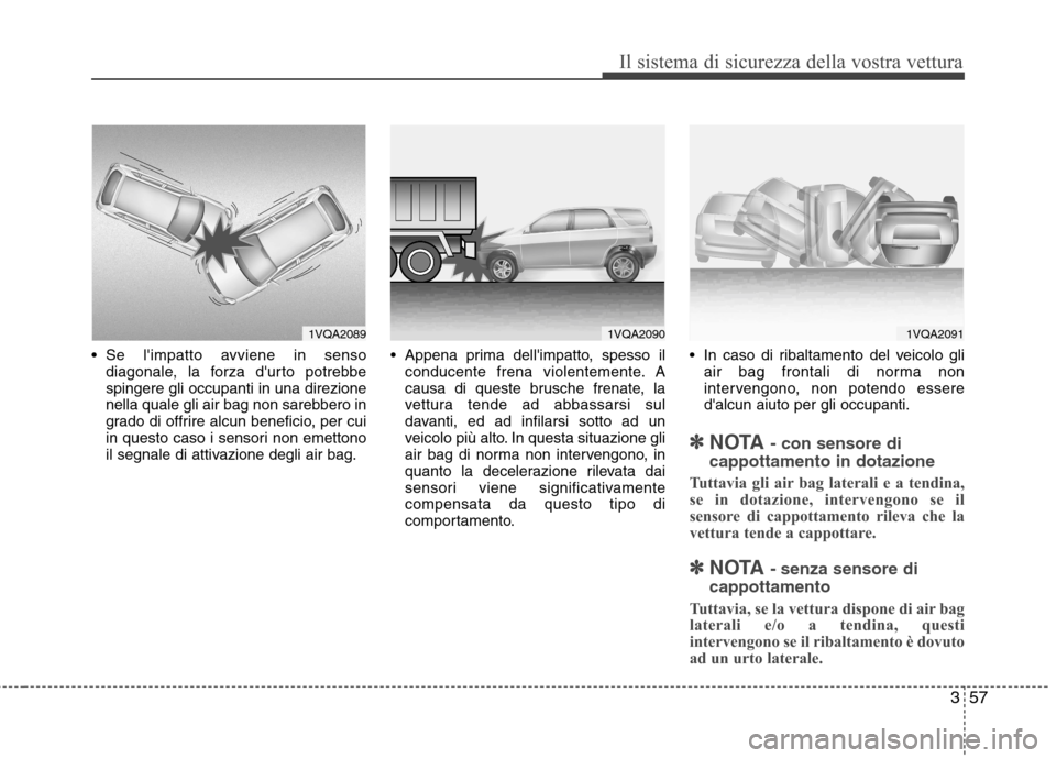 Hyundai Santa Fe 2011 Manuale del proprietario (in Italian) 357
Il sistema di sicurezza della vostra vettura
Se limpatto avviene in sensodiagonale, la forza durto potrebbe spingere gli occupanti in una direzione
nella quale gli air bag non sarebbero in
grad Hyundai Santa Fe 2011 Manuale del proprietario (in Italian) 357
Il sistema di sicurezza della vostra vettura
Se limpatto avviene in sensodiagonale, la forza durto potrebbe spingere gli occupanti in una direzione
nella quale gli air bag non sarebbero in
grad