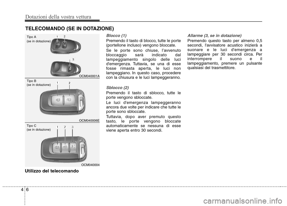 Hyundai Santa Fe 2011 Manuale del proprietario (in Italian) Dotazioni della vostra vettura
6
4
Utilizzo del telecomando
Blocco (1)
Premendo il tasto di blocco, tutte le porte
(portellone incluso) vengono bloccate.
Se le porte sono chiuse, l’avvenuto
blocc Hyundai Santa Fe 2011 Manuale del proprietario (in Italian) Dotazioni della vostra vettura
6
4
Utilizzo del telecomando
Blocco (1)
Premendo il tasto di blocco, tutte le porte
(portellone incluso) vengono bloccate.
Se le porte sono chiuse, l’avvenuto
blocc
