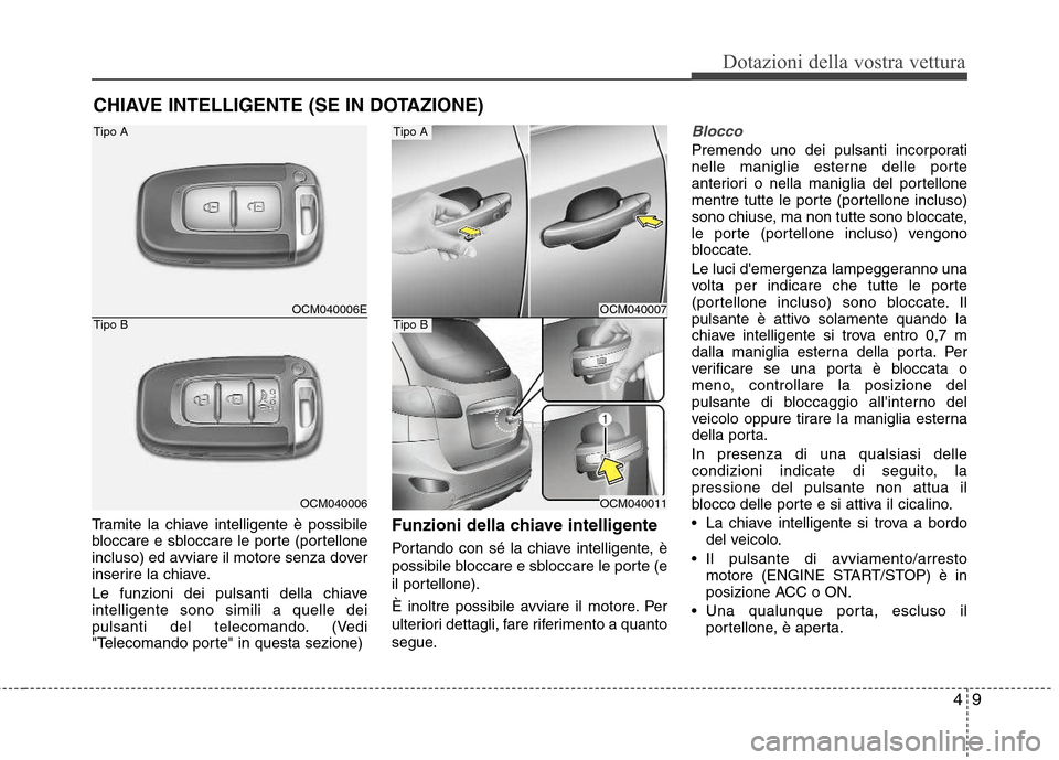 Hyundai Santa Fe 2011  Manuale del proprietario (in Italian) 49
Dotazioni della vostra vettura
Tramite la chiave intelligente è possibile 
bloccare e sbloccare le porte (portellone
incluso) ed avviare il motore senza dover
inserire la chiave. 
Le funzioni dei 