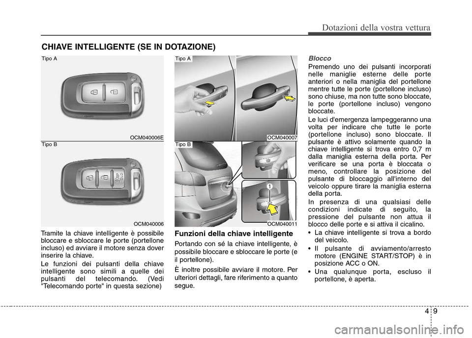 Hyundai Santa Fe 2011 Manuale del proprietario (in Italian) 49
Dotazioni della vostra vettura
Tramite la chiave intelligente è possibile
bloccare e sbloccare le porte (portellone
incluso) ed avviare il motore senza dover
inserire la chiave.
Le funzioni dei Hyundai Santa Fe 2011 Manuale del proprietario (in Italian) 49
Dotazioni della vostra vettura
Tramite la chiave intelligente è possibile
bloccare e sbloccare le porte (portellone
incluso) ed avviare il motore senza dover
inserire la chiave.
Le funzioni dei