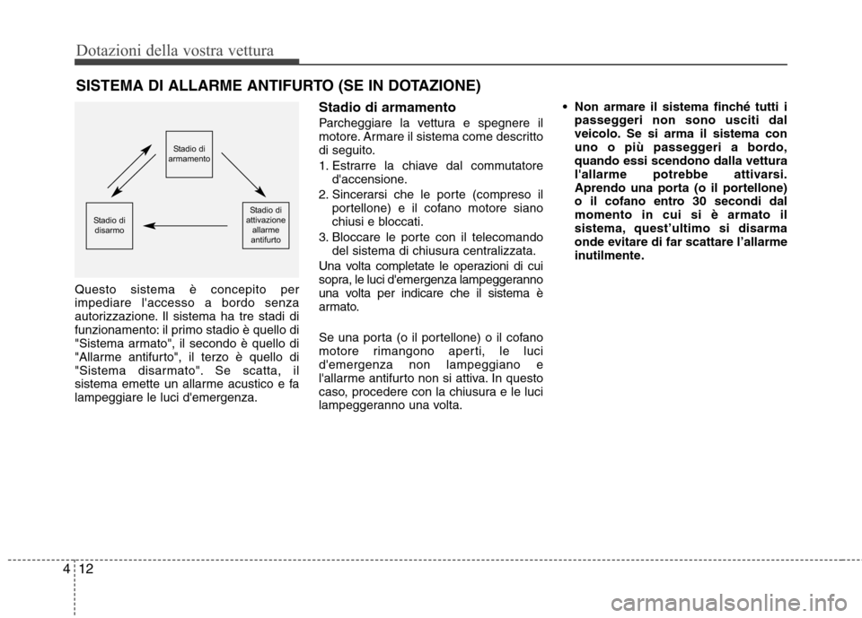 Hyundai Santa Fe 2011 Manuale del proprietario (in Italian) Dotazioni della vostra vettura
12
4
Questo sistema è concepito per impediare laccesso a bordo senza
autorizzazione. Il sistema ha tre stadi di
funzionamento: il primo stadio è quello di
"Sistema ar Hyundai Santa Fe 2011 Manuale del proprietario (in Italian) Dotazioni della vostra vettura
12
4
Questo sistema è concepito per impediare laccesso a bordo senza
autorizzazione. Il sistema ha tre stadi di
funzionamento: il primo stadio è quello di
"Sistema ar