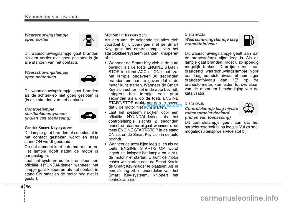 Hyundai Santa Fe 2011  Handleiding (in Dutch) Kenmerken van uw auto
56
4
Waarschuwingslampje
open portier
Dit waarschuwingslampje gaat branden 
als een portier niet goed gesloten is (in
alle standen van het contact).
Waarschuwingslampjeopen achte