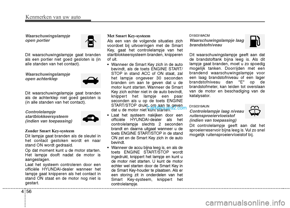Hyundai Santa Fe 2011 Handleiding (in Dutch) Kenmerken van uw auto
56
4
Waarschuwingslampje
open portier
Dit waarschuwingslampje gaat branden
als een portier niet goed gesloten is (in
alle standen van het contact).
Waarschuwingslampjeopen achte Hyundai Santa Fe 2011 Handleiding (in Dutch) Kenmerken van uw auto
56
4
Waarschuwingslampje
open portier
Dit waarschuwingslampje gaat branden
als een portier niet goed gesloten is (in
alle standen van het contact).
Waarschuwingslampjeopen achte