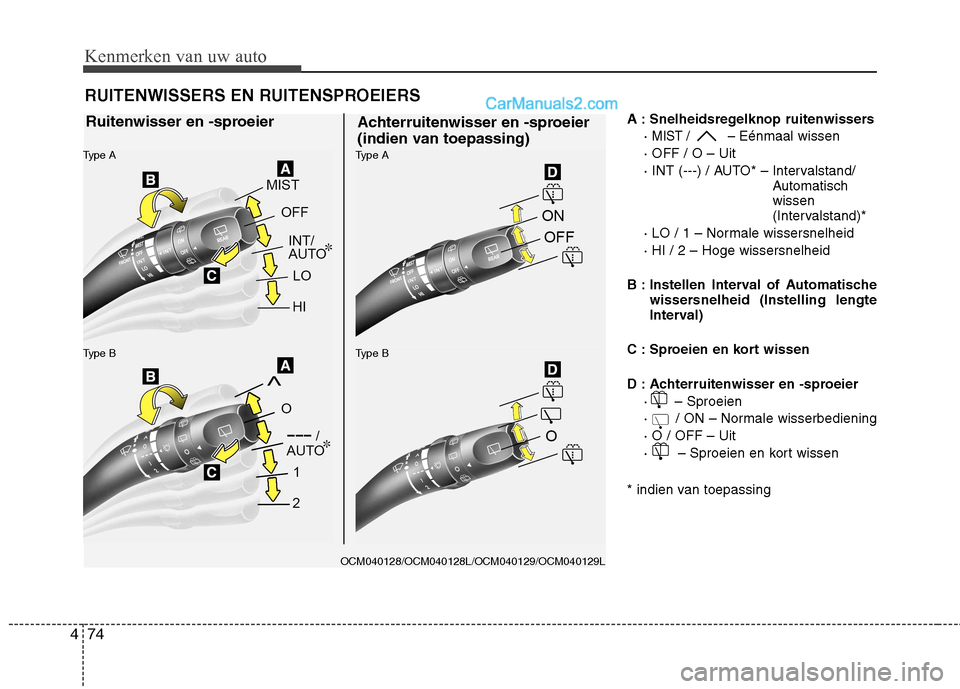 Hyundai Santa Fe 2011 Handleiding (in Dutch) Kenmerken van uw auto
74
4
A : Snelheidsregelknop ruitenwissers
·
MIST / – Eénmaal wissen
· OFF / O – Uit
· INT (---) / AUTO* – Intervalstand/ Automatisch wissen
(Intervalstand)*
· LO / Hyundai Santa Fe 2011 Handleiding (in Dutch) Kenmerken van uw auto
74
4
A : Snelheidsregelknop ruitenwissers
·
MIST / – Eénmaal wissen
· OFF / O – Uit
· INT (---) / AUTO* – Intervalstand/ Automatisch wissen
(Intervalstand)*
· LO /