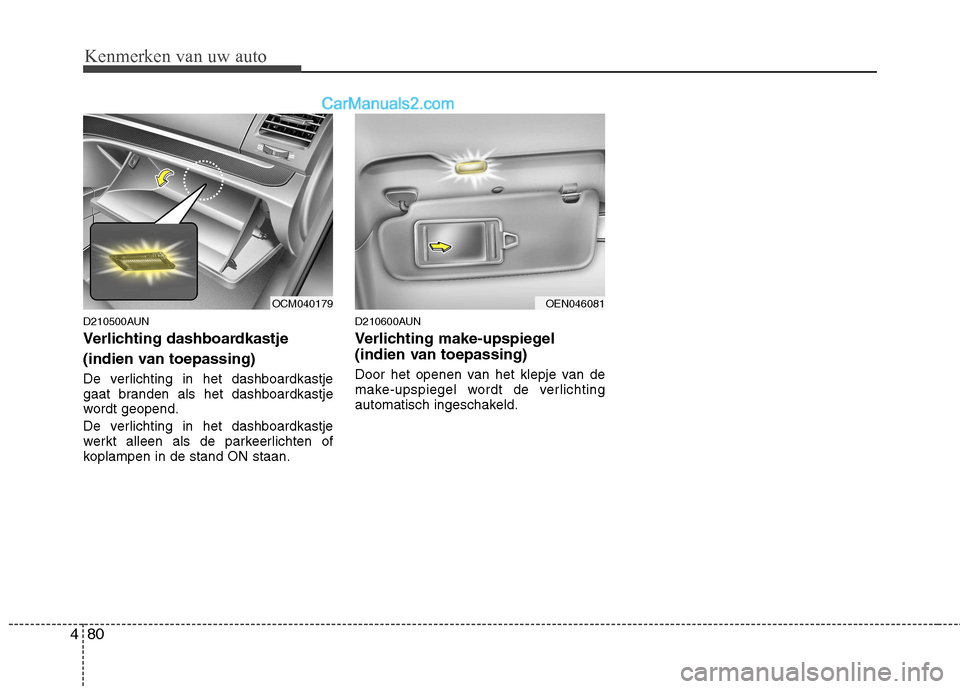 Hyundai Santa Fe 2011 Handleiding (in Dutch) Kenmerken van uw auto
80
4
D210500AUN
Verlichting dashboardkastje
(indien van toepassing)
De verlichting in het dashboardkastje
gaat branden als het dashboardkastje
wordt geopend.
De verlichting Hyundai Santa Fe 2011 Handleiding (in Dutch) Kenmerken van uw auto
80
4
D210500AUN
Verlichting dashboardkastje
(indien van toepassing)
De verlichting in het dashboardkastje
gaat branden als het dashboardkastje
wordt geopend.
De verlichting