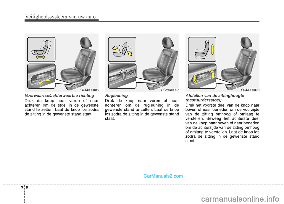 Hyundai Santa Fe 2011  Handleiding (in Dutch) Veiligheidssysteem van uw auto
6
3
Voorwaartse/achterwaartse richting
Druk de knop naar voren of naar 
achteren om de stoel in de gewenste
stand te zetten. Laat de knop los zodra
de zitting in de gewe