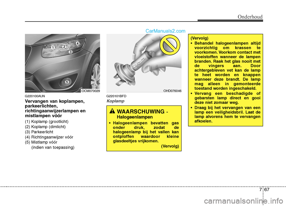 Hyundai Santa Fe 2011 Handleiding (in Dutch) 767
Onderhoud
G220100AUN
Vervangen van koplampen,
parkeerlichten,
richtingaanwijzerlampen enmistlampen vóór
(1) Koplamp (grootlicht)
(2) Koplamp (dimlicht)
(3) Parkeerlicht
(4) Richtingaanwijzer Hyundai Santa Fe 2011 Handleiding (in Dutch) 767
Onderhoud
G220100AUN
Vervangen van koplampen,
parkeerlichten,
richtingaanwijzerlampen enmistlampen vóór
(1) Koplamp (grootlicht)
(2) Koplamp (dimlicht)
(3) Parkeerlicht
(4) Richtingaanwijzer
