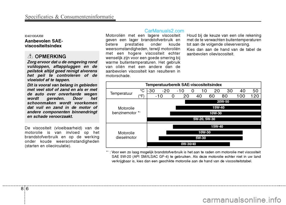 Hyundai Santa Fe 2011  Handleiding (in Dutch) Specificaties & Consumenteninformatie
6
8
I040100AXM 
Aanbevolen SAE- 
viscositeitsindex 
De viscositeit (vloeibaarheid) van de 
motorolie is van invloed op het
brandstofverbruik en op de werking
onde
