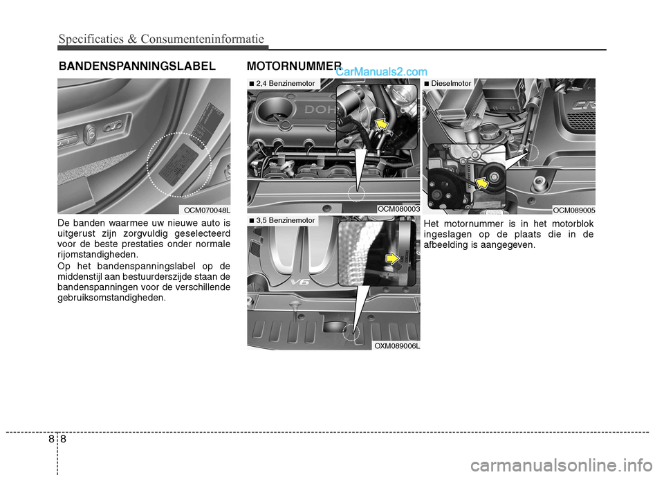 Hyundai Santa Fe 2011 Handleiding (in Dutch) Specificaties & Consumenteninformatie
8
8
De banden waarmee uw nieuwe auto is
uitgerust zijn zorgvuldig geselecteerd
voor de beste prestaties onder normale
rijomstandigheden. Op het bandenspanningsla Hyundai Santa Fe 2011 Handleiding (in Dutch) Specificaties & Consumenteninformatie
8
8
De banden waarmee uw nieuwe auto is
uitgerust zijn zorgvuldig geselecteerd
voor de beste prestaties onder normale
rijomstandigheden. Op het bandenspanningsla