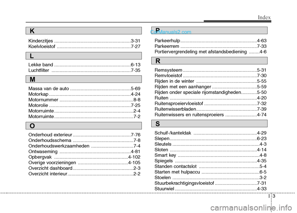 Hyundai Santa Fe 2011  Handleiding (in Dutch) I3
Index
Kinderzitjes ..........................................................3-31 
Koelvloeistof ........................................................7-27 
Lekke band ...........................