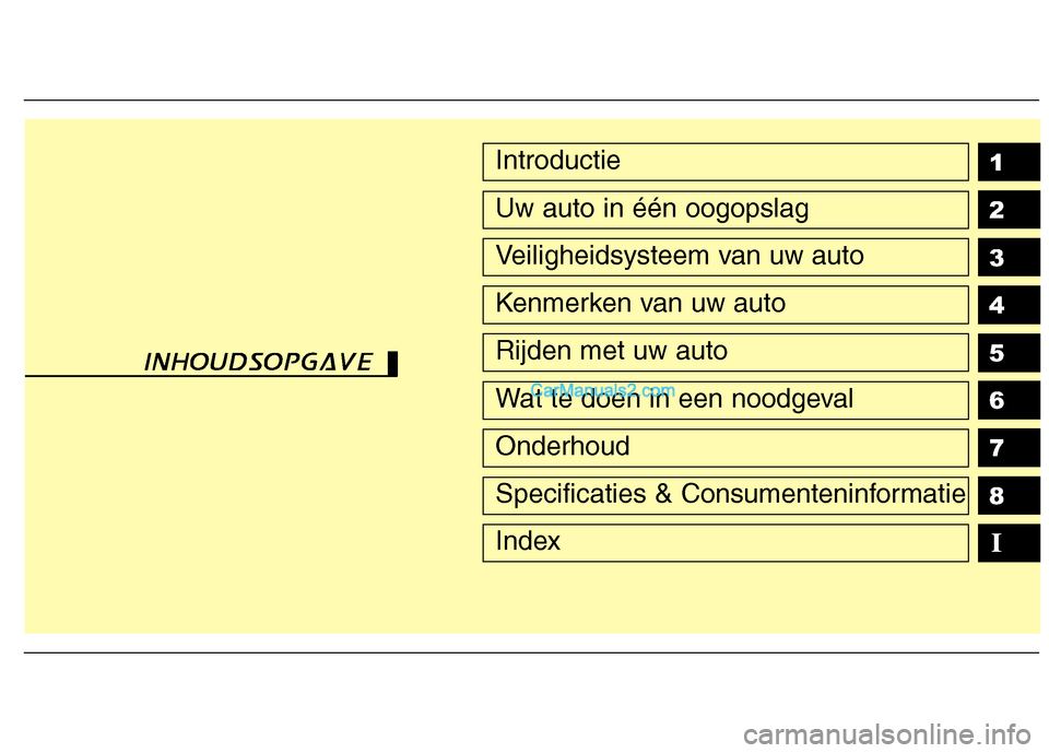 Hyundai Santa Fe 2011 Handleiding (in Dutch) 1 2 3 4 5 6 78IIntroductie
Uw auto in één oogopslag
Veiligheidsysteem van uw auto
Kenmerken van uw auto
Rijden met uw auto
Wat te doen in een noodgeval
Onderhoud
Specificaties & Consumenteninformati Hyundai Santa Fe 2011 Handleiding (in Dutch) 1 2 3 4 5 6 78IIntroductie
Uw auto in één oogopslag
Veiligheidsysteem van uw auto
Kenmerken van uw auto
Rijden met uw auto
Wat te doen in een noodgeval
Onderhoud
Specificaties & Consumenteninformati
