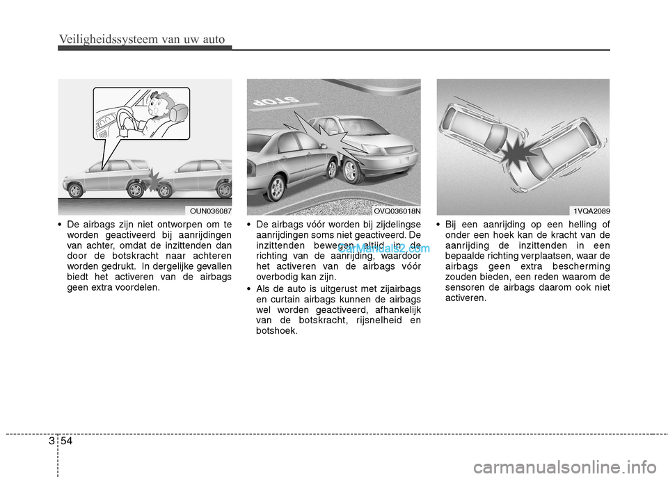 Hyundai Santa Fe 2011  Handleiding (in Dutch) Veiligheidssysteem van uw auto
54
3
 De airbags zijn niet ontworpen om te
worden geactiveerd bij aanrijdingen 
van achter, omdat de inzittenden dan
door de botskracht naar achteren
worden gedrukt. In 