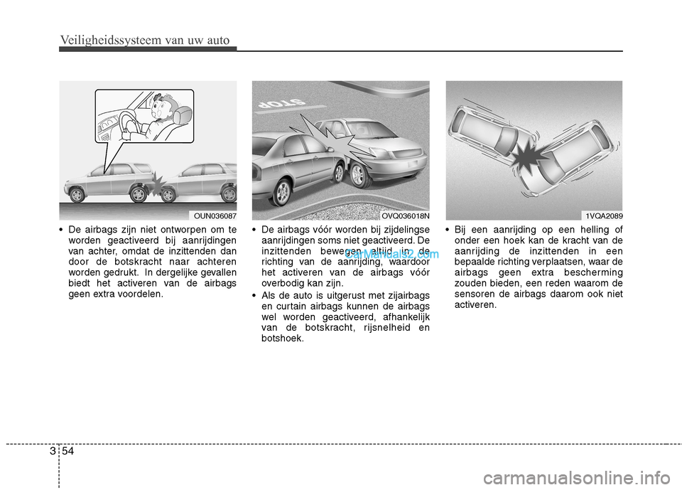 Hyundai Santa Fe 2011 Handleiding (in Dutch) Veiligheidssysteem van uw auto
54
3
De airbags zijn niet ontworpen om te
worden geactiveerd bij aanrijdingen
van achter, omdat de inzittenden dan
door de botskracht naar achteren
worden gedrukt. In Hyundai Santa Fe 2011 Handleiding (in Dutch) Veiligheidssysteem van uw auto
54
3
De airbags zijn niet ontworpen om te
worden geactiveerd bij aanrijdingen
van achter, omdat de inzittenden dan
door de botskracht naar achteren
worden gedrukt. In