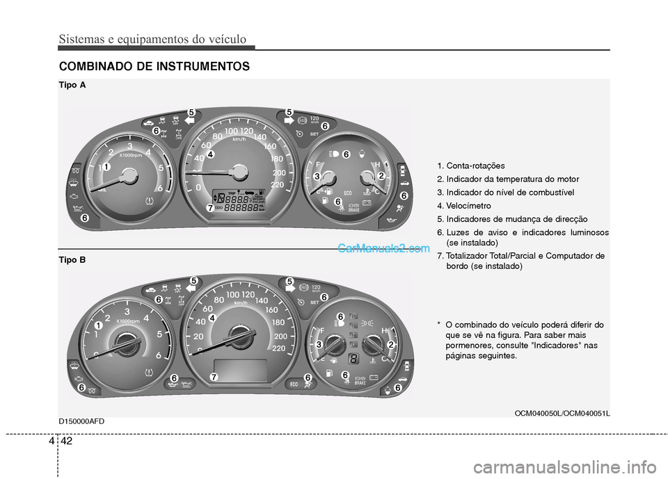 Hyundai Santa Fe 2011 Manual do proprietário (in Portuguese) Sistemas e equipamentos do veículo
42
4
COMBINADO DE INSTRUMENTOS D150000AFD
1. Conta-rotações
2. Indicador da temperatura do motor
3. Indicador do nível de combustível
4. Velocímetro
5. Indic Hyundai Santa Fe 2011 Manual do proprietário (in Portuguese) Sistemas e equipamentos do veículo
42
4
COMBINADO DE INSTRUMENTOS D150000AFD
1. Conta-rotações
2. Indicador da temperatura do motor
3. Indicador do nível de combustível
4. Velocímetro
5. Indic