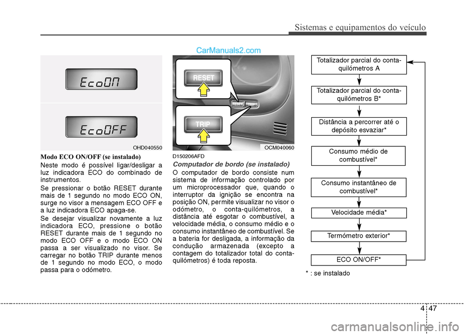 Hyundai Santa Fe 2011 Manual do proprietário (in Portuguese) 447
Sistemas e equipamentos do veículo
Modo ECO ON/OFF (se instalado)
Neste modo é possível ligar/desligar a
luz indicadora ECO do combinado de
instrumentos.
Se pressionar o botão RESET durante Hyundai Santa Fe 2011 Manual do proprietário (in Portuguese) 447
Sistemas e equipamentos do veículo
Modo ECO ON/OFF (se instalado)
Neste modo é possível ligar/desligar a
luz indicadora ECO do combinado de
instrumentos.
Se pressionar o botão RESET durante
