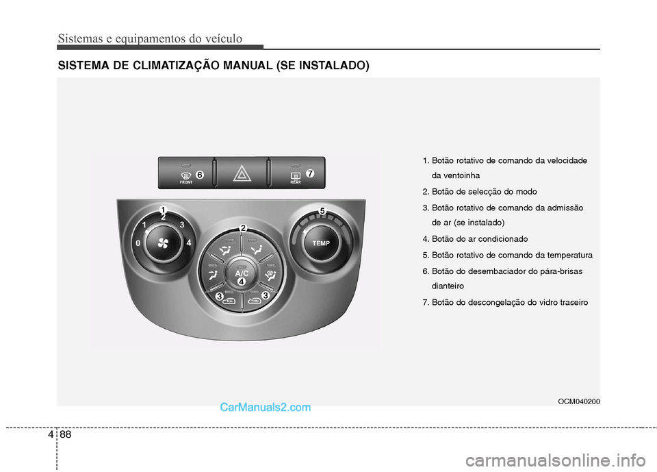 Hyundai Santa Fe 2011 Manual do proprietário (in Portuguese) Sistemas e equipamentos do veículo
88
4
SISTEMA DE CLIMATIZAÇÃO MANUAL (SE INSTALADO)
OCM040200
1. Botão rotativo de comando da velocidade
da ventoinha
2. Botão de selecção do modo
3. Botão r Hyundai Santa Fe 2011 Manual do proprietário (in Portuguese) Sistemas e equipamentos do veículo
88
4
SISTEMA DE CLIMATIZAÇÃO MANUAL (SE INSTALADO)
OCM040200
1. Botão rotativo de comando da velocidade
da ventoinha
2. Botão de selecção do modo
3. Botão r