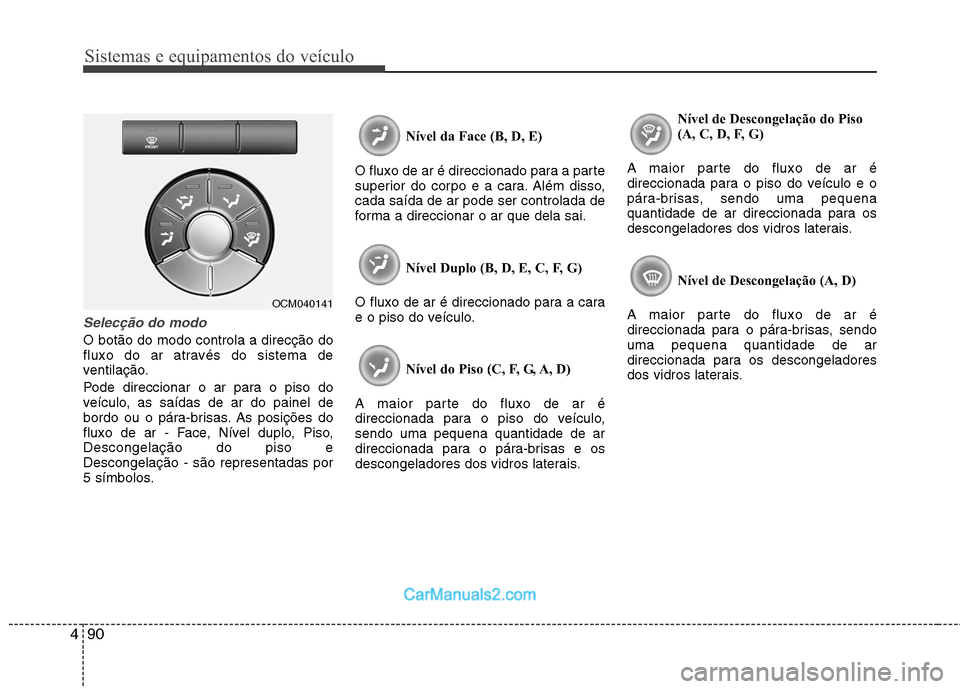 Hyundai Santa Fe 2011 Manual do proprietário (in Portuguese) Sistemas e equipamentos do veículo
90
4
Selecção do modo
O botão do modo controla a direcção do
fluxo do ar através do sistema de
ventilação.
Pode direccionar o ar para o piso do
veículo, Hyundai Santa Fe 2011 Manual do proprietário (in Portuguese) Sistemas e equipamentos do veículo
90
4
Selecção do modo
O botão do modo controla a direcção do
fluxo do ar através do sistema de
ventilação.
Pode direccionar o ar para o piso do
veículo,